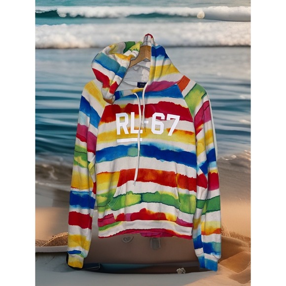 Polo Ralph Lauren Hoodie Women M Tie Dye RL 67 Stripe Rainbow Hip Core Beach - Picture 1 of 11